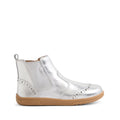The Bobux Kid+ KP Billie 2 II Girls Leather Boot Silver features decorative perforations, an elastic side panel, and a light brown flexible sole for comfort., 9420074867032, 9420074867049, 9420074867056, 9420074867063, 9420074867070
