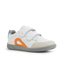 Introducing the Bobux KP Kids Plus Blaze Leather Sneaker in White Orange: a stylish children’s shoe crafted from quick-drying leather, designed with two velcro straps, a gray sole, beige toe cap, orange side detail, and a blue accent on the heel. Featuring a cushioned insole for all-day comfort, this sneaker is displayed on a white background., 9420074855398, 9420074855367, 9420074855374, 9420074855381, 9420074855336, 9420074855343, 9420074855350