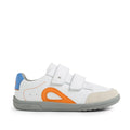 The Bobux KP Kids Plus Blaze Leather Sneaker White Orange is a kids sneaker featuring quick-drying leather, a cushioned insole for all-day comfort, a gray sole, orange and blue accents, beige toe cap, and two velcro straps, shown in a side view., 9420074855398, 9420074855367, 9420074855374, 9420074855381, 9420074855336, 9420074855343, 9420074855350