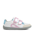 The Bobux KP Kids Plus Blaze Leather Sneaker in White Pink Metallic showcases a white leather upper with eye-catching pink and blue metallic accents. This left-facing kids’ sneaker features two pink Velcro straps, a light gray sole, and a beige suede toe cap. The quick-drying leather construction and cushioned insole ensure all-day comfort for active little ones., 9420074855466, 9420074855442, 9420074855435, 9420074855459, 9420074855404, 9420074855428, 9420074855411