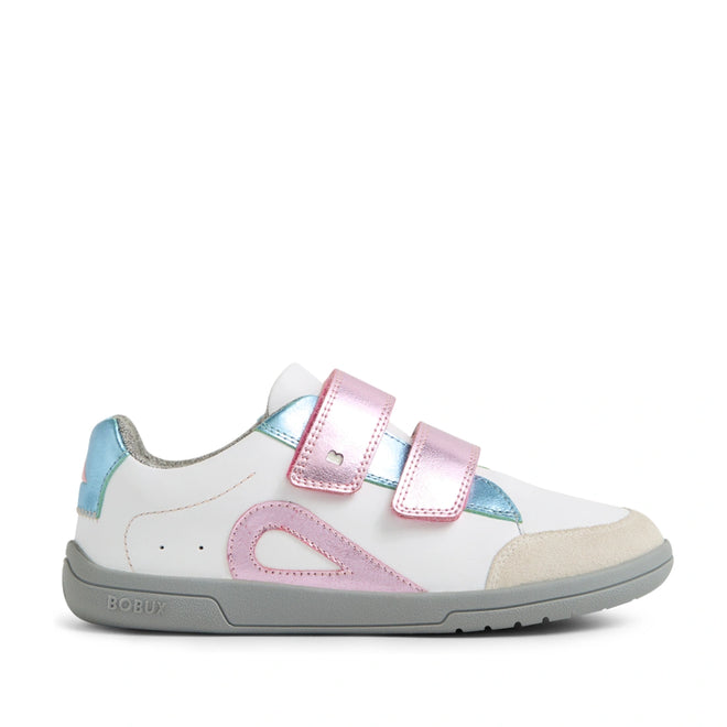 The Bobux KP Kids Plus Blaze Leather Sneaker in White Pink Metallic showcases a white leather upper with eye-catching pink and blue metallic accents. This left-facing kids’ sneaker features two pink Velcro straps, a light gray sole, and a beige suede toe cap. The quick-drying leather construction and cushioned insole ensure all-day comfort for active little ones., 9420074855466, 9420074855442, 9420074855435, 9420074855459, 9420074855404, 9420074855428, 9420074855411