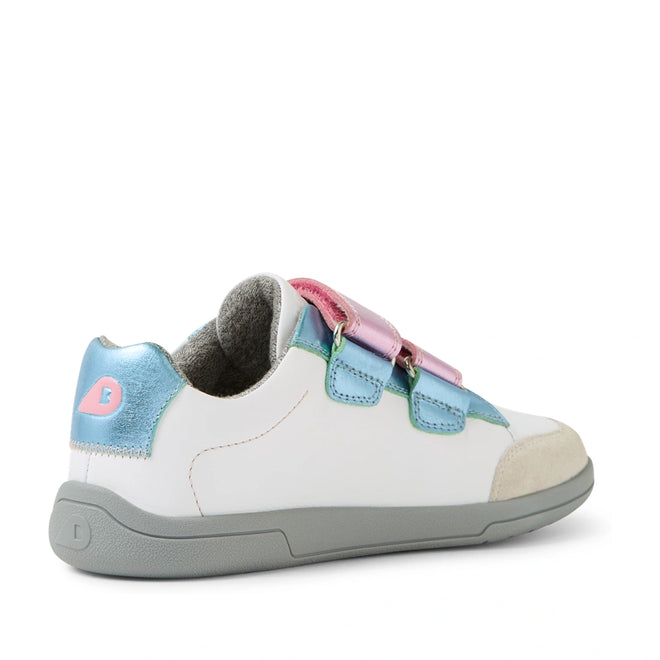 The Bobux KP Kids Plus Blaze Leather Sneaker in White Pink Metallic is a kids’ leather sneaker featuring a white upper, gray sole, blue and pink metallic straps, light blue heel detail, and a suede toe accent. Shown from the side angle, it is designed with a cushioned insole for added comfort., 9420074855466, 9420074855442, 9420074855435, 9420074855459, 9420074855404, 9420074855428, 9420074855411