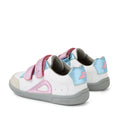A pair of Bobux KP Kids Plus Blaze Leather Sneakers in White Pink Metallic, featuring white, pink, and light blue panels, gray soles, and pink Velcro straps. Designed with a cushioned insole for all-day comfort and shown from the back and side angles., 9420074855466, 9420074855442, 9420074855435, 9420074855459, 9420074855404, 9420074855428, 9420074855411