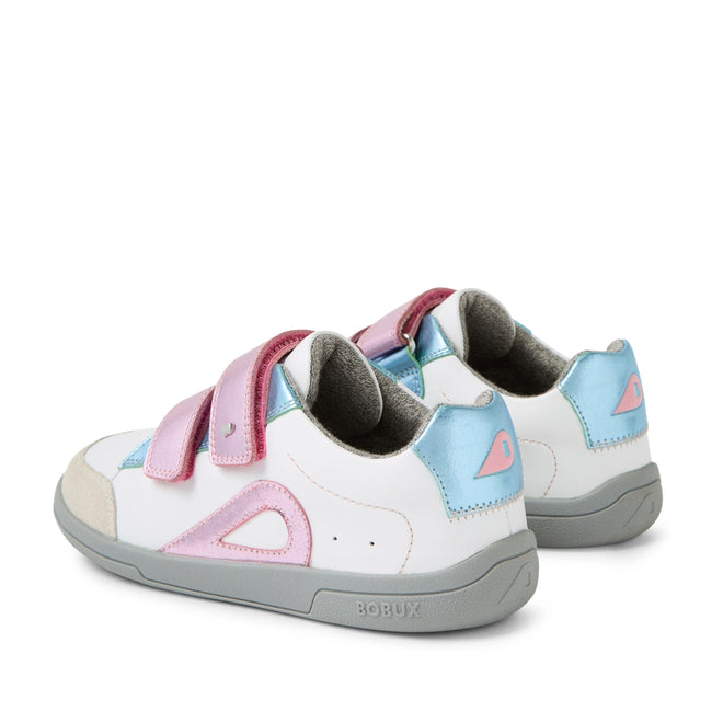 A pair of Bobux KP Kids Plus Blaze Leather Sneakers in White Pink Metallic, featuring white, pink, and light blue panels, gray soles, and pink Velcro straps. Designed with a cushioned insole for all-day comfort and shown from the back and side angles., 9420074855466, 9420074855442, 9420074855435, 9420074855459, 9420074855404, 9420074855428, 9420074855411