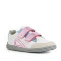The Bobux KP Kids Plus Blaze Leather Sneaker in White Pink Metallic features a white base with pink and blue metallic velcro straps, a beige toe cap, light grey sole, and teal and blue accents. Crafted from leather for kids with a cushioned insole for extra comfort, the shoe is angled slightly to the left on a white background.