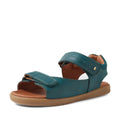 Introducing the Bobux KP Kids Plus Driftwood Leather Sandal in Mediterranean Green—a stylish open-toe sandal from the Bobux Driftwood Juniors collection. This sandal features two adjustable Velcro straps, a cushioned brown insole, and a light brown flat sole, all showcased against a white background. Perfect for those seeking comfort and versatility in their summer footwear., 9420074859013, 9420074858993, 9420074859006, 9420074858979, 9420074858962, 9420074858986, 9420074858955
