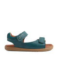 Mediterranean green leather open-toed sandals with adjustable Velcro straps at the ankle and toe, a cushioned brown footbed, and a flat tan rubber sole—shown in side profile on a white background—perfect for boys who want comfort and style, just like the Bobux KP Kids Plus Driftwood Leather Sandal., 9420074859013, 9420074858993, 9420074859006, 9420074858979, 9420074858962, 9420074858986, 9420074858955