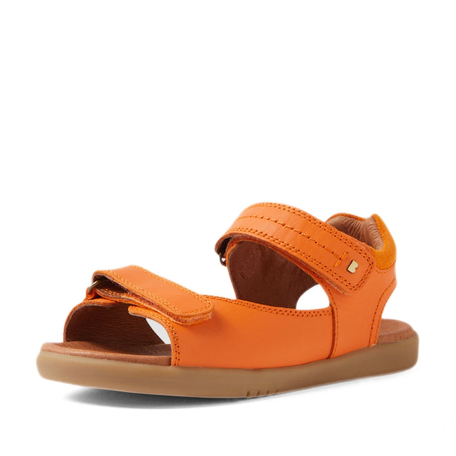 The Bobux KP Kids Plus Driftwood Leather Sandal in Orange Peel is an open-toe sandal inspired by classic boys’ leather sandals, with two adjustable Velcro straps and a tan rubber sole—ideal as kids’ walking shoes—shown on a white background., 9420074859020, 9420074859037, 9420074859044, 9420074859051, 9420074859068