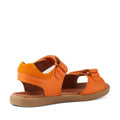 The Bobux KP Kids Plus Driftwood Leather Sandal in Orange Peel is a boys’ leather sandal with an open toe, flat brown sole, Velcro straps, and a closed heel. Designed as practical kids’ walking shoes, it is seen from the back right angle against a white background., 9420074859020, 9420074859037, 9420074859044, 9420074859051, 9420074859068