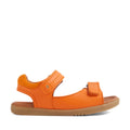 The Bobux KP Kids Plus Driftwood Leather Sandal in Orange Peel features adjustable Velcro straps at the ankle and toe, a brown cushioned footbed, and a light brown rubber sole. Shown in side profile on a white background, this children’s sandal is inspired by classic boys’ styles like the original Bobux Driftwood and delivers comfort and support—making it an ideal choice for kids’ walking shoes., 9420074859020, 9420074859037, 9420074859044, 9420074859051, 9420074859068