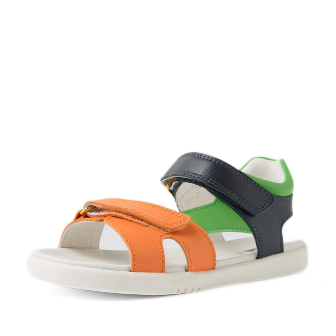 The Bobux KP Kids Plus Dune Leather Sandal Navy is a children’s sandal featuring orange, green, and dark blue adjustable straps, Velcro closures, and a white sole. Designed as breathable summer shoes, they are photographed on a white background., 9420074855763, 9420074855787, 9420074855770, 9420074855756
