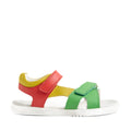 Bright and playful, the Bobux KP Kids Plus Dune Leather Sandal Grenadine Red features a white sole paired with a grenadine red heel strap, sunny yellow middle strap, and a vivid green front strap—all secured by adjustable fastenings for an ideal fit. These kids’ leather sandals offer vibrant style and all-day comfort., 9420074855688, 9420074855695, 9420074855701, 9420074855718