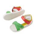 Two kids’ leather sandals with white soles: one features green and yellow straps, and the other showcases red and yellow straps. Both have open toes, cushioned footbeds, and adjustable hook-and-loop closures—delivering comfort just like the Bobux KP Kids Plus Dune Leather Sandal Grenadine Red., 9420074855688, 9420074855695, 9420074855701, 9420074855718