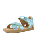 A Bobux KP Kids Plus Flora Leather Sandal in Jelly Mint Metallic Blue, featuring delicate floral print patterns, adjustable Velcro straps, and a tan rubber sole, displayed on a white background.