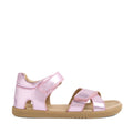 Introducing the Bobux KP Kids Plus Flora Leather Sandal in Pink Lemonade—a pair of metallic pink sandals featuring adjustable Velcro straps and a tan rubber sole, specially crafted for children’s comfort and style.