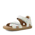 The Bobux KP Kids Plus Flora Leather Sandal White Floral features a tan sole and white leather straps adorned with a pastel floral pattern. Designed for all-day comfort, these adjustable kids’ sandals include two hook-and-loop closures and an open toe and heel.