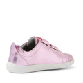 The Bobux KP Kids Plus Grass Court 2 II Leather Sneaker in Pink Metallic features a wide fit, two Velcro straps, gray inner lining, and a white rubber sole. Inspired by the iconic Grass Court design, it is shown from the side and slightly behind on a white background.