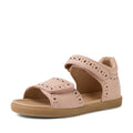 Here’s the rewritten sentence using the provided product data: A single Bobux Kid+ Plus KP Logan Cameo Rose Pink Open Toe Sandal for girls, crafted from premium leather with a closed heel, open toe, perforated detailing, and two adjustable Velcro straps, displayed on a white background.
