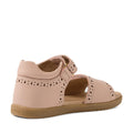 These charming Bobux Kid+ Plus KP Logan Cameo Rose Pink Open Toe Sandals for girls feature a light pink leather upper with decorative cutouts, a covered heel, open toe, adjustable strap, and a light brown rubber sole. Shown from a rear side angle, they offer both comfort and style for little ones.