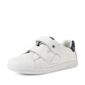 The Bobux Kid+ Plus KP Maverick Leather Sneaker White Navy features a white leather upper with two adjustable Velcro straps, subtle perforated detailing on the side, and a navy accent on the heel, offering stylish comfort for everyday wear., 9420074860217, 9420074860224, 9420074860231, 9420074860248, 9420074860255