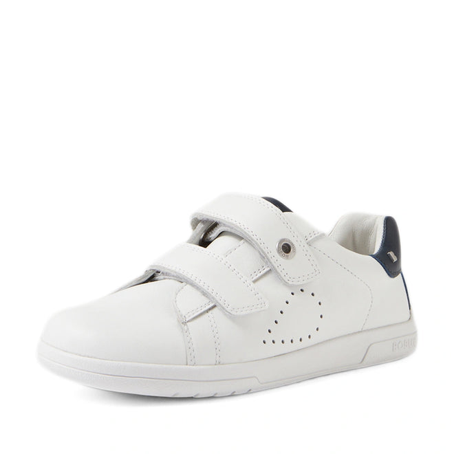 The Bobux Kid+ Plus KP Maverick Leather Sneaker White Navy features a white leather upper with two adjustable Velcro straps, subtle perforated detailing on the side, and a navy accent on the heel, offering stylish comfort for everyday wear., 9420074860217, 9420074860224, 9420074860231, 9420074860248, 9420074860255