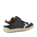 Rear view of the Bobux Kid+ Plus KP Neo Leather Sneaker Navy Alpha: a children’s navy blue and white leather sneaker featuring a barefoot-shaped toebox, velcro strap, tan rubber sole, and white accents., 9420074847690, 9420074847706, 9420074847713, 9420074847720, 9420074847737, 9420074847744, 9420074847751