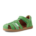 Introducing the Bobux Kid+ Plus Roam Retro Green Closed Toe Sandal—a stylish green children’s sandal featuring a closed toe, open sides, and an easy Velcro strap, making it ideal for kids’ summer wear. The design includes a brown sole with distinctive white and green side details, inspired by the signature look of the classic Bobux Roam Juniors Sandals., 9420074808059, 9420074808028, 9420074808042, 9420074808035