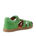 A green Bobux Kid+ Plus Roam Retro Closed Toe Sandal with a brown sole is displayed at an angle, showcasing its side and back. Featuring multiple straps and a Velcro closure, these sandals are the ideal summer shoes for active kids., 9420074808059, 9420074808028, 9420074808042, 9420074808035