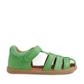 The Bobux Kid+ Plus Roam Retro Green Closed Toe Sandal, inspired by the classic Roam Juniors design, features a closed heel, open toe, multiple straps, and a Velcro closure—making it an ideal choice for kids' summer footwear. Displayed in a side view against a white background., 9420074808059, 9420074808028, 9420074808042, 9420074808035