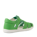 A back view of the Bobux Kid+ Plus Tidal Closed Toe Quick Dry Sandal in Retro Green, featuring leather construction with cutout sides, an open toe, a closed heel, and a white sole., 9420074809469, 9420074809476, 9420074809483, 9420074809438, 9420074809452, 9420074809445