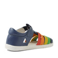 Introducing the Bobux Kid + Plus Tidal Closed Toe Quick Dry Sandal in Vintage Indigo Blue: a children’s sandal designed with a navy blue heel and colorful straps in red, orange, yellow, and green. Crafted from water-friendly leather for durability, these closed-toe kids’ sandals feature a white sole and a stylish small triangle cutout detail near the ankle. Inspired by the iconic Bobux Tidal Kid Plus Sandals collection, they deliver both vibrant appeal and long-lasting comfort—perfect for every adventure.