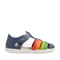 Introducing the Bobux Kid + Plus Tidal Closed Toe Quick Dry Sandal in Vintage Indigo Blue. Featuring a vibrant design with a white sole and colorful red, orange, yellow, and green straps across the top, these children’s sandals offer both comfort and style. Ideal for active kids, their quick-dry construction makes them perfect for all kinds of adventures., 9420074809605, 9420074809612, 9420074809629, 9420074809636, 9420074809575, 9420074809582, 9420074809599
