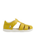 The Bobux Kid + Plus Tidal Closed Toe Quick Dry Sandal in Mango Mint is a yellow children’s sandal featuring a closed heel, velcro strap, open sides, and a white rubber sole. These closed-toe kids sandals are shown in profile against a white background., 9420074809643, 9420074809650, 9420074809667, 9420074809674, 9420074809681