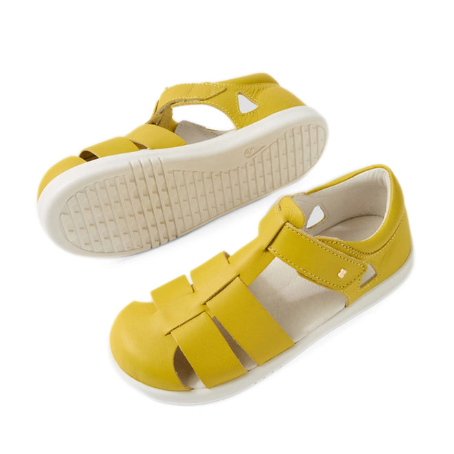 A pair of Bobux Kid + Plus Tidal Closed Toe Quick Dry Sandals in Mango Mint, featuring yellow leather with open sides, Velcro straps, and white rubber soles. One sandal is shown from the top and the other from the bottom., 9420074809643, 9420074809650, 9420074809667, 9420074809674, 9420074809681
