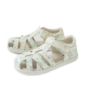 Introducing the Bobux Kids Plus KP Tropicana II White Floral Quick Dry Sandal—a pair of closed-toe kids sandals with white soles and pretty pastel floral patterns. Crafted from quick-dry leather, these sandals feature adjustable ankle straps to provide both comfort and style for little feet.