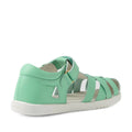 Experience the Bobux Kids Plus KP Tropicana II Jelly Mint Quick Dry Sandal—a contemporary kid leather sandal in a fresh mint green, inspired by the original Tropicana. This open-toe design features multiple straps, a hook-and-loop ankle strap for easy adjustment, small triangular cutouts near the heel, and a crisp white sole. Viewed from the back, it’s perfect for those who appreciate modern details in classic footwear styles., 9420074861191, 9420074861207, 9420074861214, 9420074861221, 9420074861238