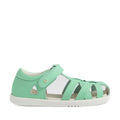 Introducing the Bobux Kids Plus KP Tropicana II Jelly Mint Quick Dry Sandal—a mint green sandal crafted from kid leather and inspired by the Bobux Tropicana. This style features a closed heel, open toe, white sole, convenient velcro strap, and decorative side cutouts, providing the comfort of closed-toe sandals for little feet., 9420074861191, 9420074861207, 9420074861214, 9420074861221, 9420074861238