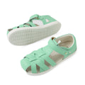 A pair of Bobux Kids Plus KP Tropicana II Jelly Mint Quick Dry Sandals in mint green kid leather, featuring strappy uppers and white soles. Inspired by the iconic Bobux Tropicana style, one sandal is shown from the side, while the other reveals a textured sole for extra grip., 9420074861191, 9420074861207, 9420074861214, 9420074861221, 9420074861238