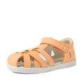 A single Bobux Kids Plus KP Tropicana II Peach Jelly Quick Dry Sandal, a podiatrist-approved kids’ shoe in peach with a closed toe, cut-out sides, and an ankle Velcro strap, is displayed on a white background., 9420074861368, 9420074861337, 9420074861344, 9420074861351, 9420074861375
