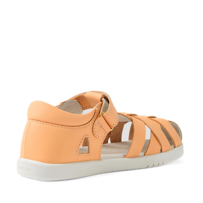 Bobux Kids Plus KP Tropicana II Peach Jelly Quick Dry Sandal, shown in peach with multiple straps, closed heel, open toe, and a white sole, pictured from the back right angle on a plain white background; these podiatrist-approved kids’ shoes combine style and support., 9420074861368, 9420074861337, 9420074861344, 9420074861351, 9420074861375