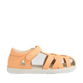 Introducing the Bobux Kids Plus KP Tropicana II Peach Jelly Quick Dry Sandal: a peach-colored children's sandal designed with inspiration from the classic Tropicana style. This podiatrist-approved kids’ shoe features a closed heel, open toe, and three crisscross straps for stylish support. It includes a comfortable hook-and-loop ankle strap and sits atop a durable white rubber sole, making it perfect for active little feet., 9420074861368, 9420074861337, 9420074861344, 9420074861351, 9420074861375