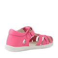 Introducing the Bobux Kids Plus KP Tropicana II Pink Lemonade Quick Dry Sandal—a vibrant pink strappy sandal with a white sole, shown from back and side angles. Featuring a closed heel, open toe, and convenient Velcro strap for easy fastening, these sandals are perfect for both summer adventures and everyday wear. Inspired by the iconic Tropicana collection, they seamlessly blend style with comfort., 9420074861153, 9420074861146, 9420074861139, 9420074861160, 9420074861122