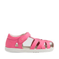 Introducing the Bobux Kids Plus KP Tropicana II Pink Lemonade Quick Dry Sandal—a pink children’s sandal with a white sole, open toe, and Velcro strap closure. Inspired by the classic Bobux Tropicana design, this sandal features crisscross straps and cut-out sides for enhanced breathability, making it an ideal choice for kids’ summer footwear., 9420074861153, 9420074861146, 9420074861139, 9420074861160, 9420074861122
