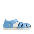 Introducing the Bobux Kids Plus KP Tropicana II Baltic Sea Blue Quick Dry Sandal: a light blue children’s sandal inspired by classic closed-toe leather designs, featuring a closed heel, open toe, white sole, and secure Velcro strap. Displayed in side profile on a white background, these sandals are perfect kids’ summer shoes for stylish comfort., 9420074861269, 9420074861276, 9420074861283, 9420074861290