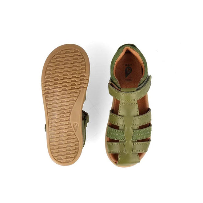 The Bobux Kid+ Plus Roam Sea Kelp Green Closed Toe Sandal 830528 is displayed; one shows the zigzag-tread sole, while the other highlights the open-toe design and secure Velcro strap., 9420075767706, 9420075773240, 9420075774537, 9420075771734, 39067, 39068, 39069