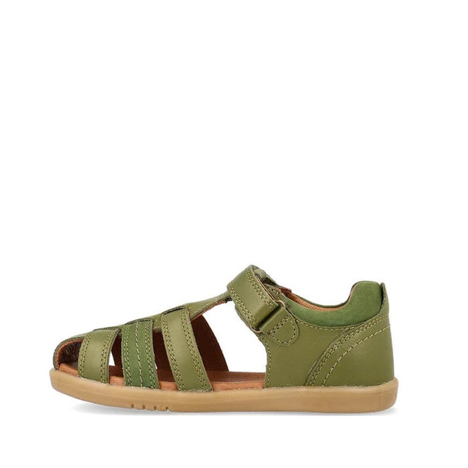 The Bobux Kid+ Plus Roam Sea Kelp Green Closed Toe Sandal (830528) features olive green leather, a closed heel, open toe, multiple straps, tan rubber sole, and an ankle hook-and-loop strap for classic kids' comfort., 9420075767706, 9420075773240, 9420075774537, 9420075771734, 39067, 39068, 39069