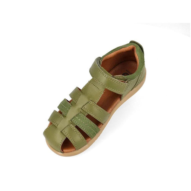 The Bobux Kid+ Plus Roam Sea Kelp Green Closed Toe Sandal 830528 is a boys' leather sandal with open sides, Velcro strap, and light brown sole, offering comfort and style for children., 9420075767706, 9420075773240, 9420075774537, 9420075771734, 39067, 39068, 39069