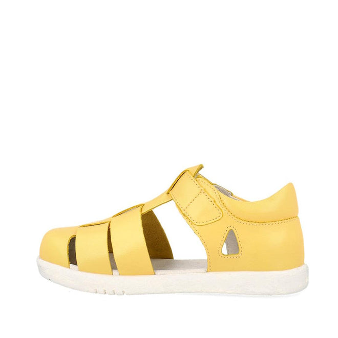 The Bobux Kids Plus KP Tidal Quick Dry Sandal in Pineapple Yellow (834418) is a unisex closed-toe sandal with a white sole, adjustable strap, side cutouts, and front straps, blending sandal and sneaker styles for summer versatility., 9420075780033, 9420075774032, 9420075779822, 9420075768949, 9420075775954, 9420075775381, 9420075777040