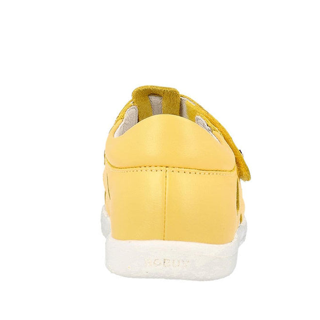 The Bobux Kids Plus KP Tidal Quick Dry Sandal in Pineapple Yellow (834418) is a unisex summer sandal with a white sole and smooth finish, shown from the back against a plain white background., 9420075780033, 9420075774032, 9420075779822, 9420075768949, 9420075775954, 9420075775381, 9420075777040