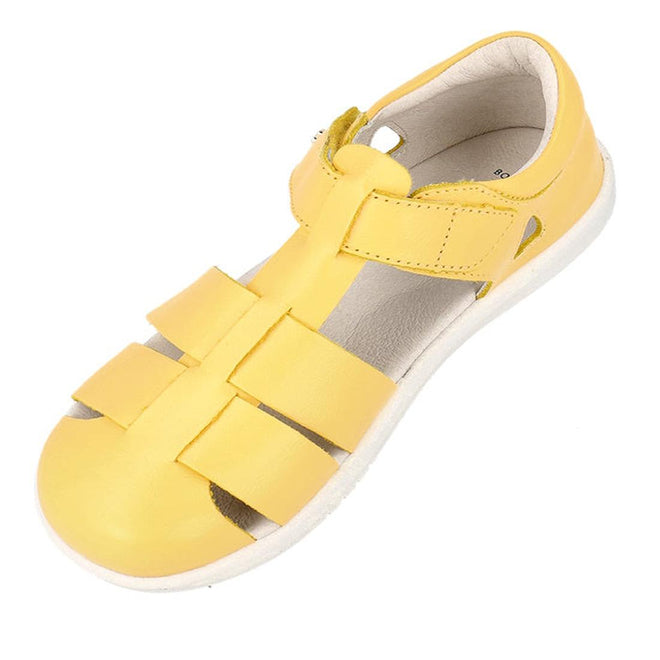 The Bobux Kids Plus KP Tidal Quick Dry Sandal in Pineapple Yellow (834418) is a unisex kids sandal with closed toes, open sides, velcro strap, white sole, and light beige lining—ideal summer footwear for active children., 9420075780033, 9420075774032, 9420075779822, 9420075768949, 9420075775954, 9420075775381, 9420075777040